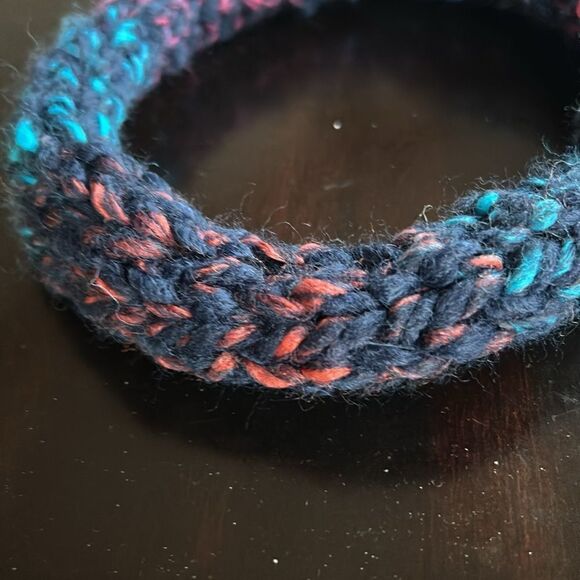 Wool multicolor hand knit chunky headband stretch navy turquoise pink orange L - Picture 6 of 9